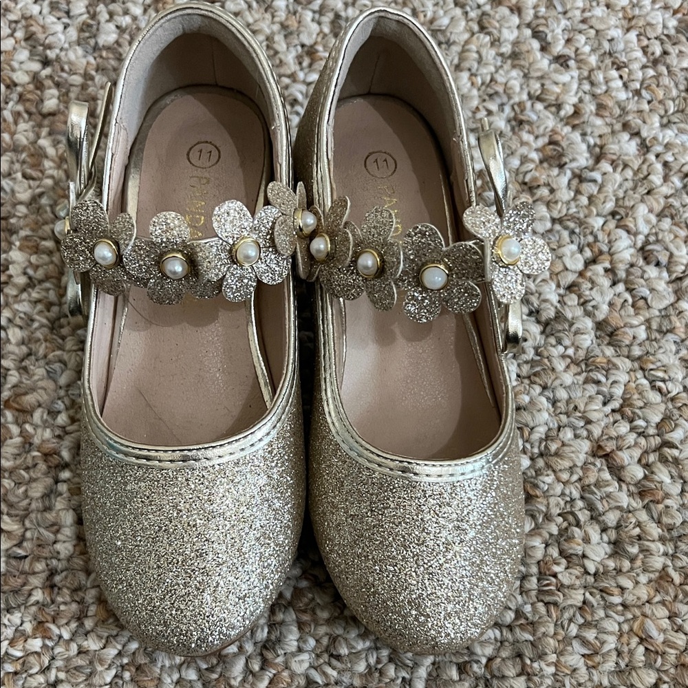 Glittery Gold Kids Dress Shoes with Floral Design